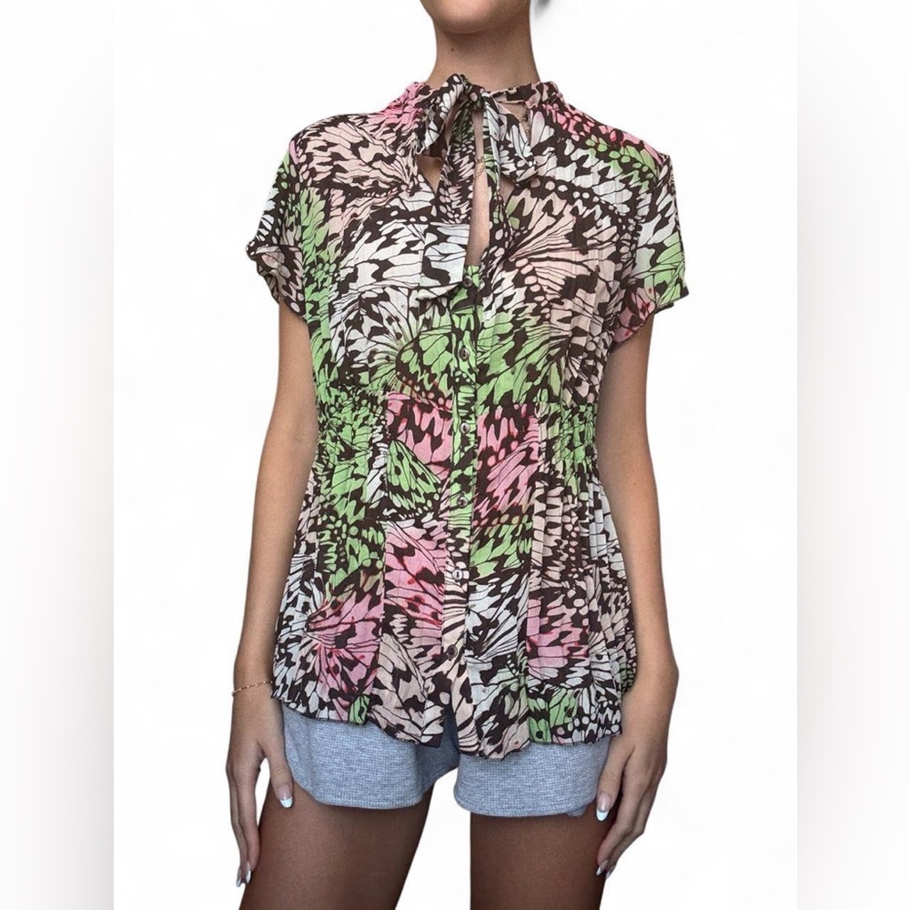 Women's Floral Tie-Neck Blouse in Pink, Green & Brown